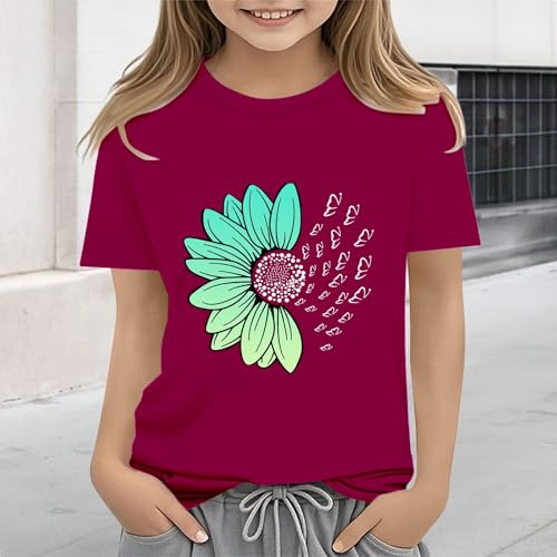 Girls Loose Fit Sunflower Graphic T Shirts Short Sleeve Crewneck Cute Pattern Printed Tops Kids (I-Wine, 3-4 Years)4