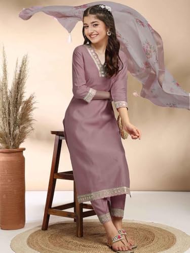 Image of Girls A-line Silk Embroidered Kurta and Pant Set with Dupatta for festive wedding and casual wear
