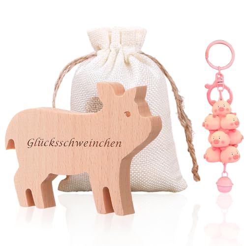 PIujsym Glücksschweinchen 3er Set aus Holz mit Baumwollsäckchen und...