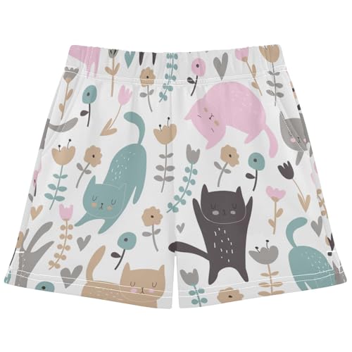 pnyoin Girl's Shorts Cute Cats Flowers Athletic Running Shorts with Pockets Size 7-8t Multi