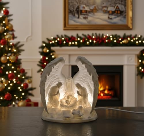 Image of Illuminated Angel Wings Holy Family LED Tea Light - Warm Glow Eco Friendly Home Decor Lamp