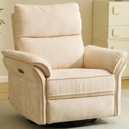 Image of Oversized Rocking Chair Nursery with Massage and Heat, Glider Recliner Nursery Chair with Adjustable Headrest, Power Swivel Rocker Recliner Chair with USB Port,Beige