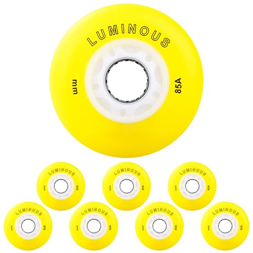 JCXYL EV 72MM 76MM 80MM LED Inline Skate Replacement Wheels 8 Pack Luminous Flash Inline Skates 85A Wheels Light-up Roller Skate Pulley for Outdoor Indoor,Yellow,80MM