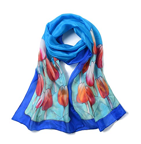 Invisible World Women's 100% Silk Scarf Hand Painted, Tulip Flowers on Blue, One size