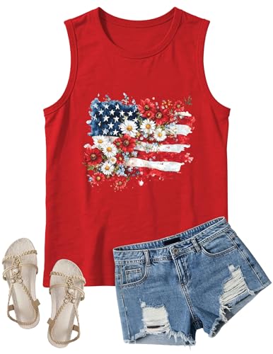 Image of 4th of July Floral American Flag Tank Top for Women Patriotic Sleeveless Apparel