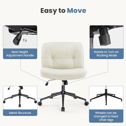 DUMOS Criss Cross Chair with Wheels, Legged Office Armless Wide Seat, Adjustable Swivel Leather Task Vanity Home Office Desk Seating for Bedroom Dorm Student
