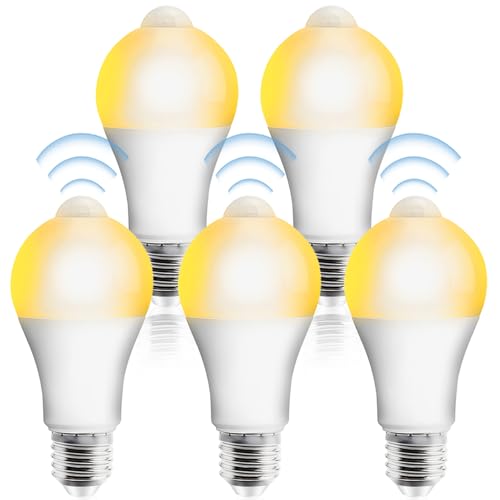 Behogan 5er Set E27 LED Glühbirne mit PIR-Bewegungsmelder, 12W Warmweiß 2700K, Nicht dimmbar, 120° Abstrahlwinkel, 1100 Lumen, 80Ra, Lichtsensor, Energiesparlampe für Flur, Garage, Treppe, Balkon