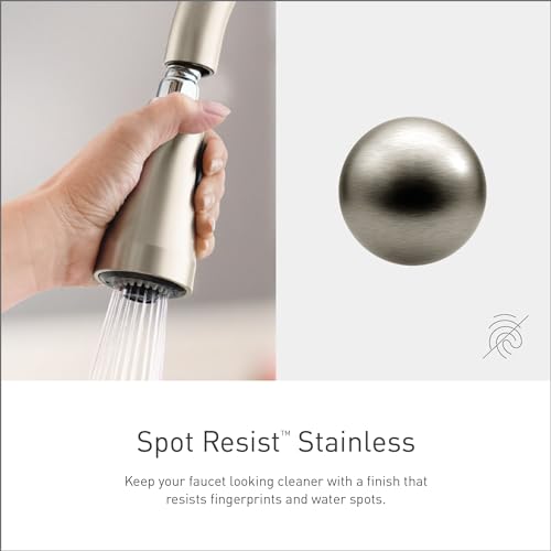 Image of Moen Adler Spot Resist Stainless One-Handle High Arc Kitchen Sink Faucet with Power Clean Pull Down Sprayer, 87233SRS + Deck Mounted Kitchen Lotion or Soap Dispenser with Refillable Bottle, 3942SRS