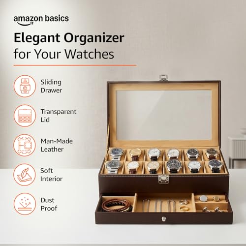 Image of Amazon Basics Sliding Drawer 12-Slot Watch and Jewelry Organizer - Faux Leather & MDF Storage Box for Men and Women, Brown