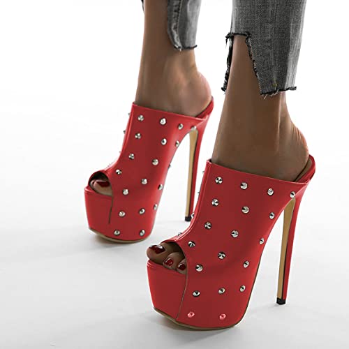 FSJ Women Sexy Studded Platform Mules Stiletto High Heel Peep Toe Slip On Summer Party Dress Prom Shoes Size 4-15 US3