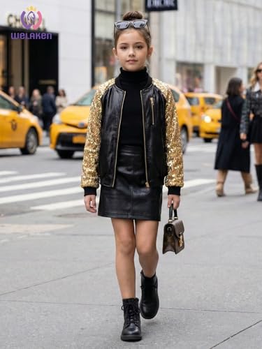 Image of WELAKEN Girls Sequin Sparkle Zip Bomber Jacket | Sequin sleeves, shiny bomber style, ribbed trim, smooth zipper and side pockets for party, dance, school and photos