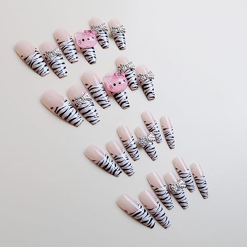 Leopard Print Press on Nails Cute Fake Nails with Charms Long Coffin Nails Supply Full Cover False Nails for Women 24 Pcs Coffin Nails Press on Nails Leopard Print Fake Nails