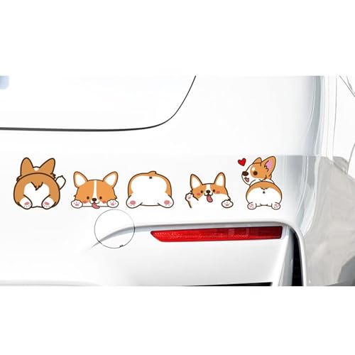Image of Corgi Car Decal Sticker Set of 5 - Cute Funny Cartoon Dog Stickers for Car, Laptop, Bumper, Window - Gifts for Corgi Lovers, Vinyl Waterproof Automotive Accessories, 10-12cm