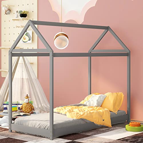 MERITLINE House Bed Twin Size Kids Bed Frame with Roof, No Box Spring Needed (Grey, Twin)