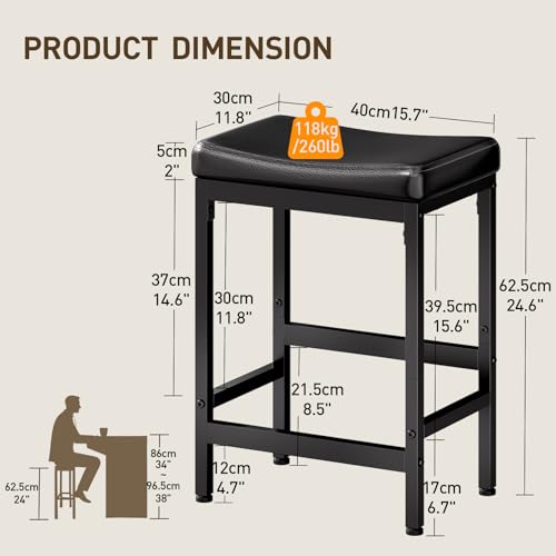 Image of RALGEND Bar Stools Set of 2, Compact Counter Height Stools, 24 inch Saddle Barstools with Curved Surface, Kitchen Breakfast Stools with Footrest, Thick Upholstery, for Dinning Cafe, Black 6801BYP2BB