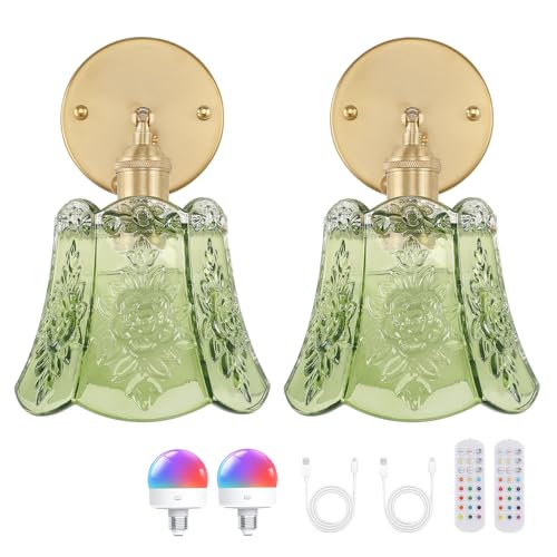 Shenmoyl Vintage Battery Operated Wall Sconces Set of Two, Wireless Battery Powered Rose Wall Sconce with Remote Control, RGB Dimmable LED Wall Light for Bedside Bathroom Living Room (Green)