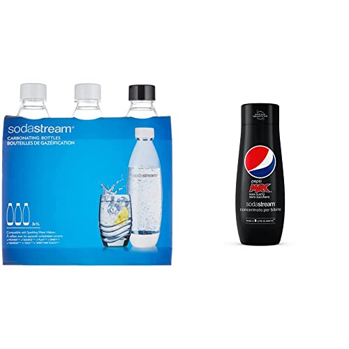 SodaStream Bottiglie Fuse per Gasatore Source, Play, Power, Spirit, Fizzi e Genesis, Capienza 1 litro, Confezione da 3 & Concentrato per la preparazione di bevande dissetanti gassate al gusto Pepsi