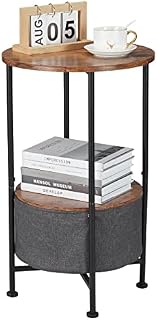 YEAKOO Industrial 2 Tier Round End Table, 66cm Height Rustic Side Table with Removable Fabric Storage Basket, Home Office Coffee/Snack/Bedside Table Laptop Desk for Living Room Bedroom/Dark Grey