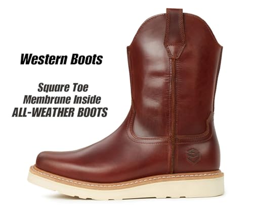 Image of SUREWAY Western Boots - Men's Square Toe Work Boot,Pull On Leather Wellington Boots,Durable Classic Slip Resistant Soft Toe Cowboy Boot