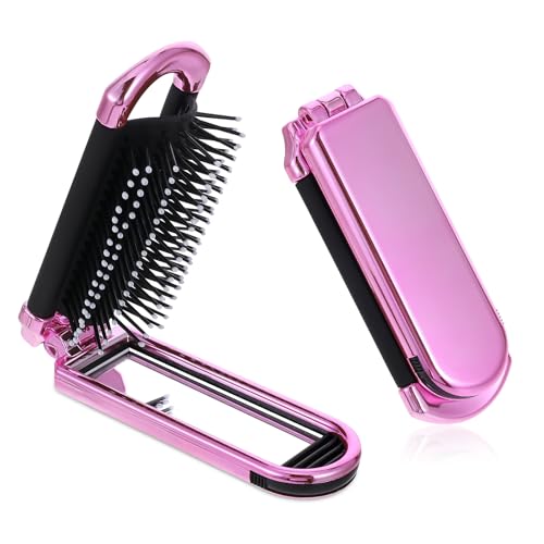 Mini Travel Hair Brush, Small Foldable Hairbrush Compact Hair Brush with Mirror and Round Tip Nylon Bristles for Women and Men, Portable Pocket Size Comb for Car Gym Bag Purse (Electroplating Pink)