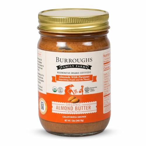 Burroughs Family Farms USDA Organic Crunchy Almond Butter, 12 oz – No Palm Oil, No Sugar Added, Regenerative Organic Certified, Dairy-Free, Glass Jar