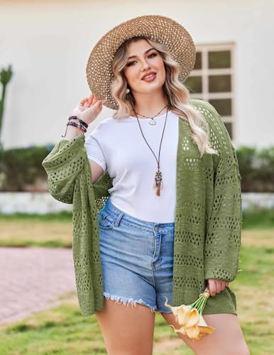 Image of IN'VOLAND Womens Plus Size Crochet Cardigan Lightweight Long Sleeve Open Front Oversized Boho Sweaters Kimonos