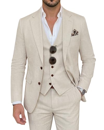 ZKHOECR Herrenanzug 3-teilig Leinen schmale Passform Blazer Weste Hose Set Hochzeit Abschlussball Smoking Business Freizeitanzug Beige M
