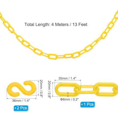 PATIKIL 13Ft Plastic Chain Barrier, Safety Link Chain with 2 S-Hooks for Crowd Control at Driveway Elevator Parking Lot, Yellow