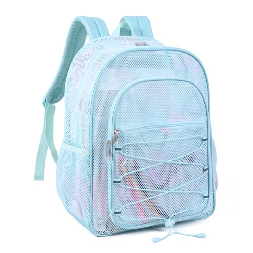 Image of COVAX Mesh Backpack for School Heavy Duty Semi-Transparent Bookbags for Beach, Swimming, Sports, Work, Travel (Light Blue)