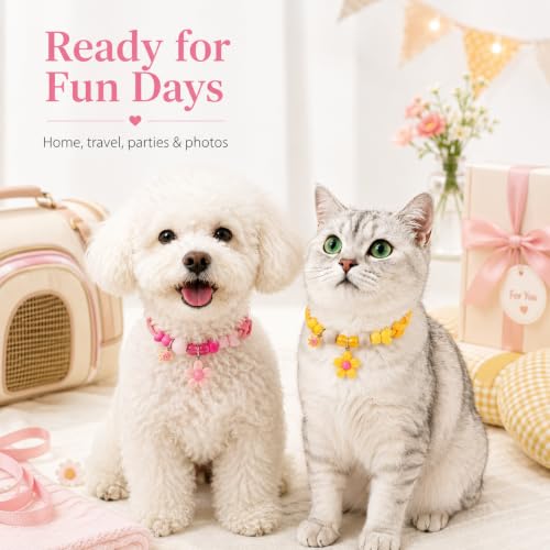 Image of Cat Collar with Bell, Adjustable Soft Fabric Kitten Collar with Quick Release Buckle, Cute Floral Charm Neck Belt for Cats, Comfortable Pet Accessories for Indoor Outdoor Use (Pink and yellow)