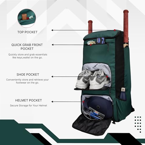 Image of WHACKK Pollock 90L Cricket Bag Green|Large Kit Bag with Dual Bat Pockets, Shoe Pocket, Helmet & Gloves Section, Multiple Storage Compartments