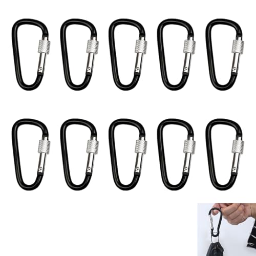 10 Stück Karabinerhaken, Schraubverschluss Karabiner mit Stopper, Aluminium Carabiner für Schlüsselanhänger, Camping, Outdoor, 5,6 cm Karabinhaken für Alltag, Arbeit und Freizeit, Schwarz