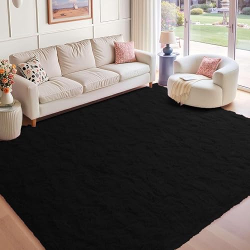 Tapis lavable à 30 degrés doux et moelleux pour salon moderne noir
