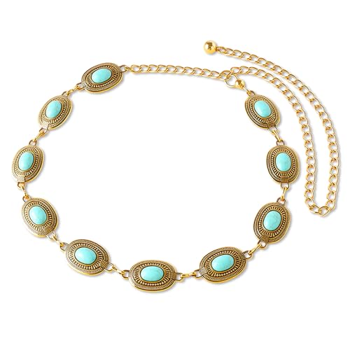 Western Turquoise Waist Chain Belt, Gold Metal Concho Belt for Women, Boho Cowgirl Style, 45.2 Inch Length, for Dresses, Jeans, Country Concerts