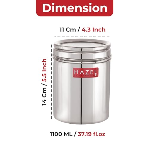 Image of HAZEL Stainless Steel Kitchen Container with Transparent Lid | Top See Through Kitchen Container Set with Matt Finish | Multipurpose Container for Kitchen Storage, 1100 ML, Set of 6