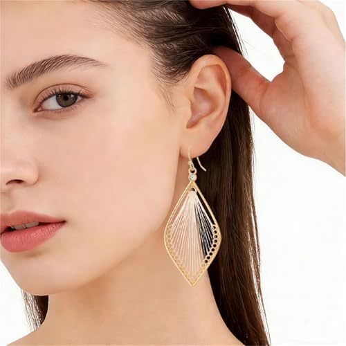 MALOYANVE Boho Leaf Thread Dangle Earrings for Women Handmade Crystal Teardrop Fringe Braided Silk Leaf Shape Drop Earrings Vintage Statement Earring Bohemian Jewelry Gift (Gold White) by MALOYANVE - Used condition - Image 3