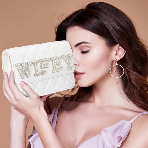 Image of Eccliy Bride Purse White Clutch Wifey Gift Mrs Bride Purse with Pearl Chain for Wedding Day Bridal Shower Gift Bachelorette