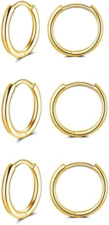 GULICX Silver Hoop Earrings Set for Women Men Girls, 3 Pairs Hypoallergenic 925 Sterling Silver Small Cartilage Tragus Sleeper Hoops Huggie Hinged Earring (8mm/10mm/12mm), Color: Silver/gold/Rose Gold