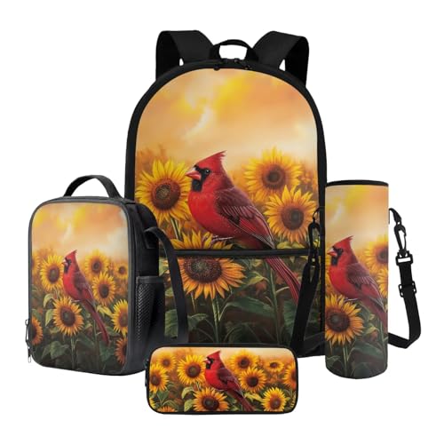 Cardinal Sunflower Print Backpacks School Bag Set with Lunch Box Pencil Bag and Water Bottle Holder, 4 Pcs Set Bookbag Travel Daypack Laptop Backpack for Kids Girls Boys