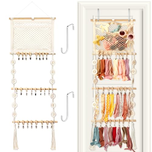 Image of Dingion Headband Holder Hair Bows Organizer for Baby Girls Over Door Bows Holder 4 Tier Wooden Large Daisy Headband Hair Accessories Organizer Storage Decor Wall Hanging for Toddler Girls Room
