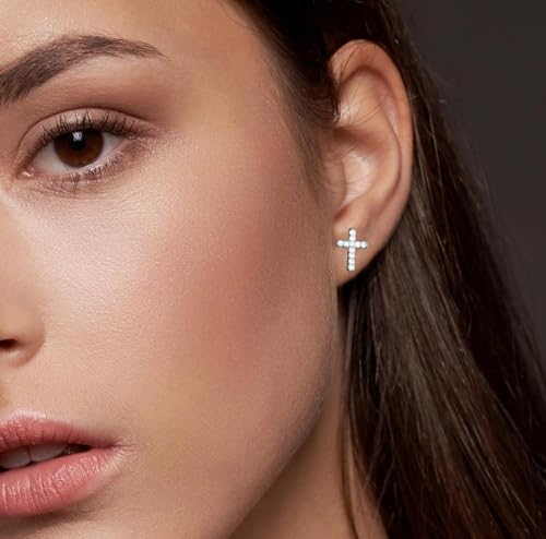 Tiny Cross Stud Earrings, 14K Gold Plated CZ Silver Earrings, Hypoallergenic Minimalist Small Stud Earrings for Women Men2