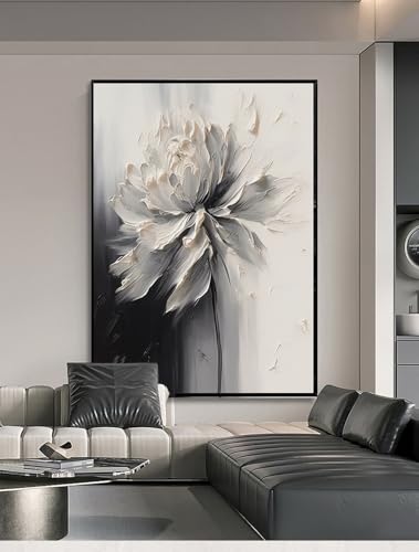 Hand Painted White And Black Flower Canvas Wall Art for Living Room,Framed Large Floral Oil Paintingfor Bedroom, Modern 3D Floral Artwork Wall Decor for Office,Kitchen,Bathroom Home Decor 28