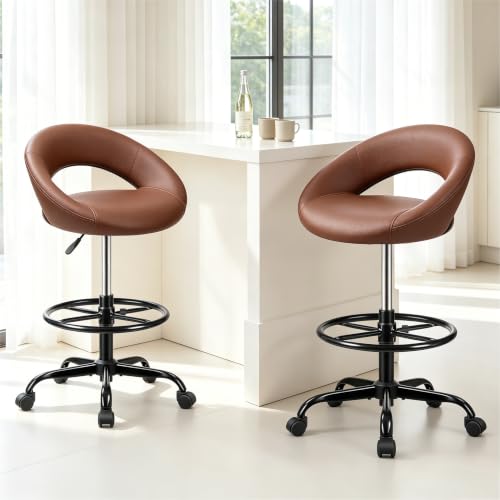 Image of Rolling Bar Stool with Back Support & Footrest - Brown, 2 Pack | PU Leather Drafting Chair, Adjustable Foot Rest & Wheels, Swivel Tall Stool for Kitchen Island Salon Vanity Standing Desk