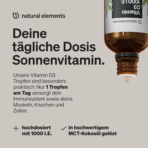 natural elements Vitamin D3 Tropfen – 1000 I.E. pro Tagesdosis (1 Tropfen) – Langzeitvorrat mit 50 ml – für beste Bioverfügbarkeit in MCT-Kokosöl gelöst – flüssig, hochdosiert, vegetarisch