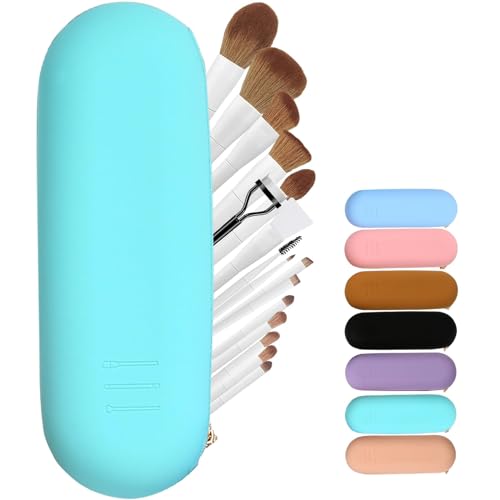 Meiyuuo Travel Makeup Brush Holder, Large Silicone Brushes Set Protect Cover Bag Small Items Organizer Zipper Closure Pouch, Waterproof Cute Case for Daily, Work Gift for Her Turquoise Blue