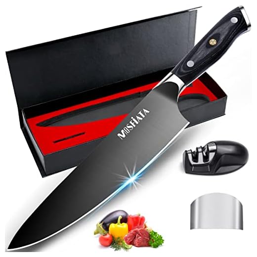 MOSFiATA 8” Super Sharp Titanium Plated Chef's Knife with Finger Guard and Knife Sharpener in Gift Box, German High Carbon Stainless Steel EN1.4116 Titanium Coated Stylish Kitchen Cooking Knife