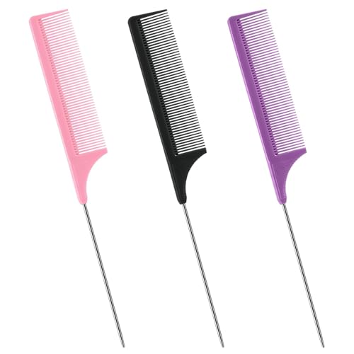 Trati Rat Tail Comb Set, 3Pcs Carbon Fiber Hair Combs for Salon, Hair Styling, Parting, Back Combing, Post Styling and Hair Coloring, Purple|Black|Pink, Lightweight and Durable, Hair Combs for Women