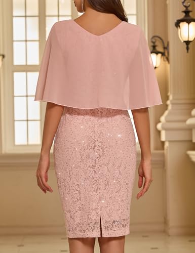 Image of COOAN Women's Wedding Guest Cape Dress Cocktail Party Formal Chiffon Lace Sequin Dress