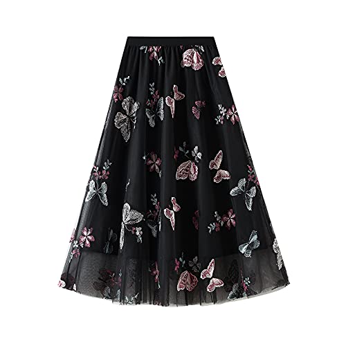 Women's 3D Floral Butterfly Embroidery Tulle Skirts Layered Elastic High Waist Tutu Midi Pleated Mesh A-Line Skirt