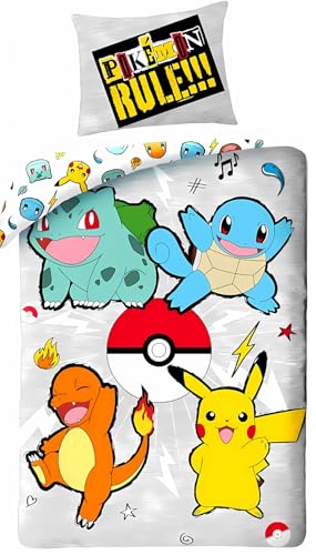 Parure de Lit Pokémon, Housse de Couette Réversible 140x200 cm, Taie d'oreiller 65x65 cm (Parure de lit Pokémon - C)